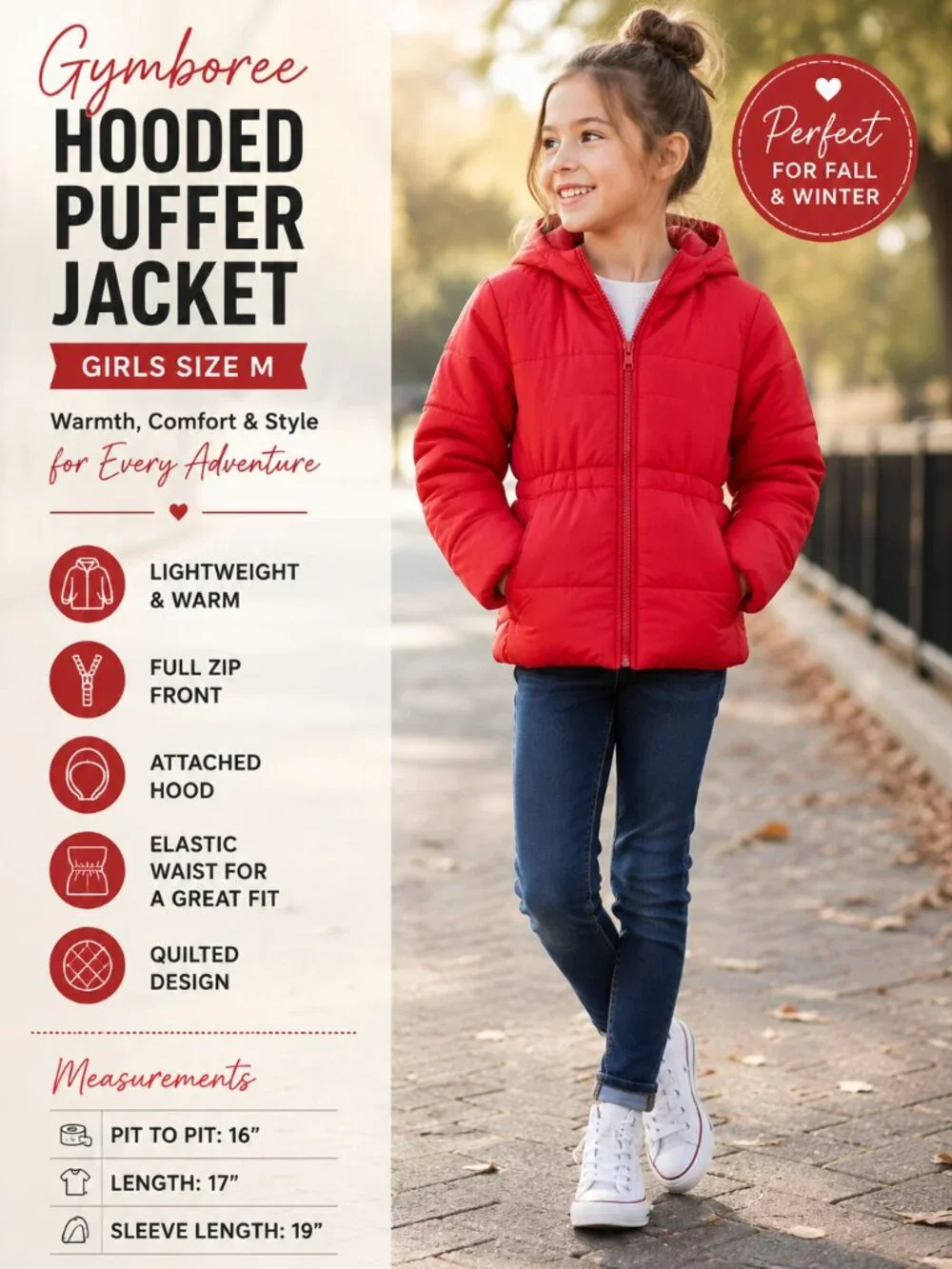 Gymboree Girls Red Hooded Puffer Jacket Full Zip Polyester Winter Coat Size M